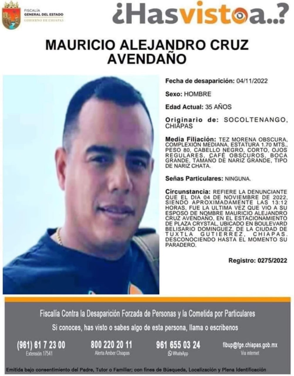 FGE inicia protocolo de búsqueda y alertamiento para localizar a Mauricio Alejandro «N»