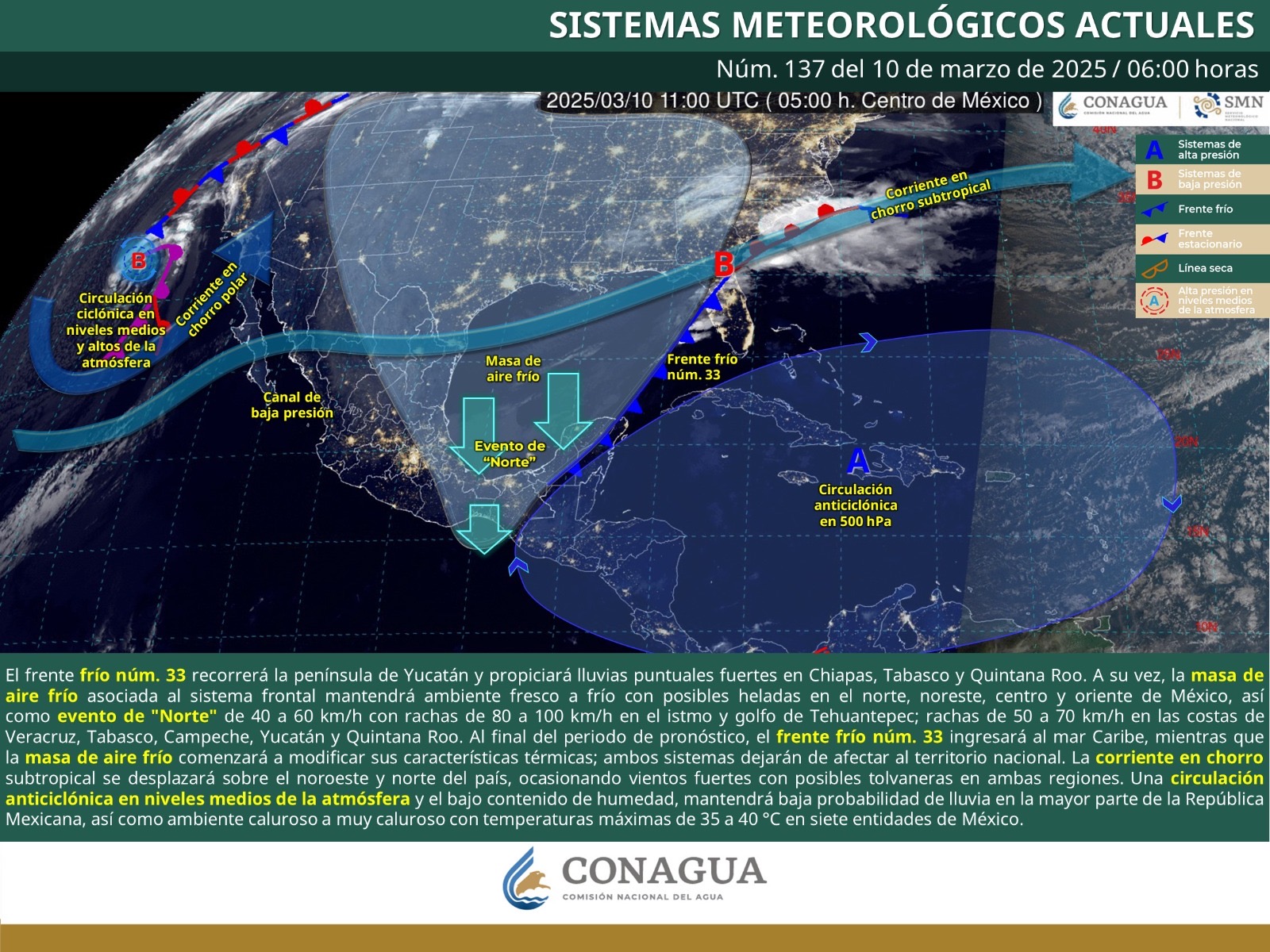 Frente frío 33 afectará a Chiapas